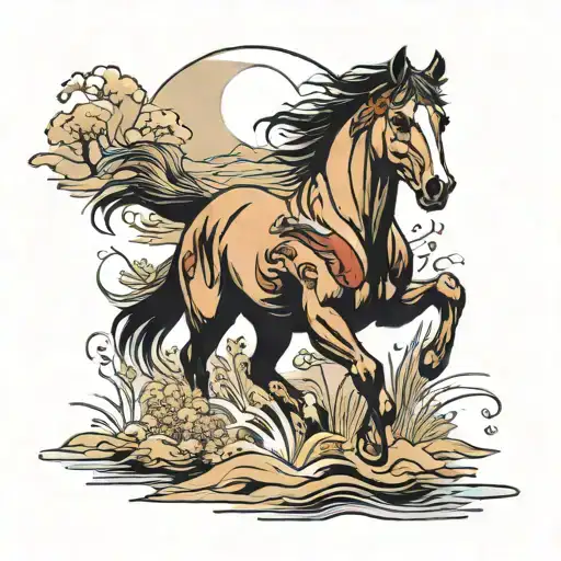 Wild Stallion Running Through A Field With A River And Mountains In The Background