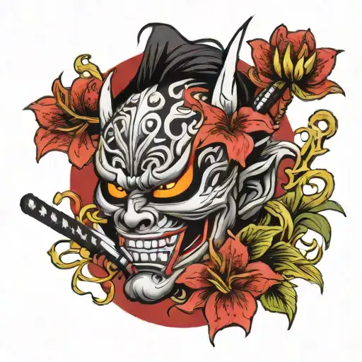 Half Oni Mask With A Samurai Sword And Spider Lilly Behind It