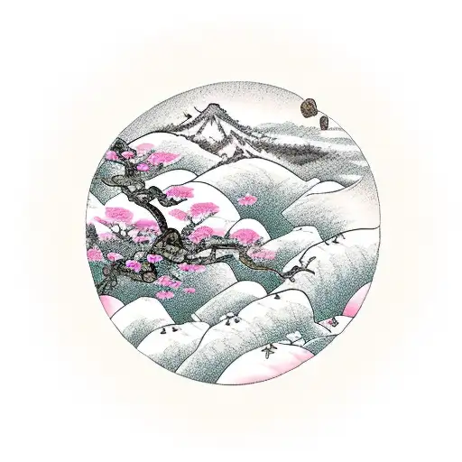 Pale Pink Sisyphus Pushing A Rock Up A Mountain With Cherry Blossom Flowers