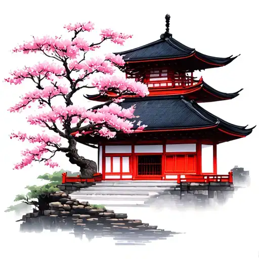 Pagoda Temple With Cherry Blossom Tree Geisha