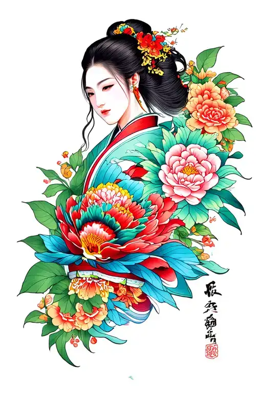 Colourful Japanese Tattoo Design Combining Elements