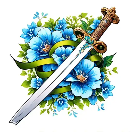 Samuri Sword With Green Ribbon Surrounded By Blue Flowers
