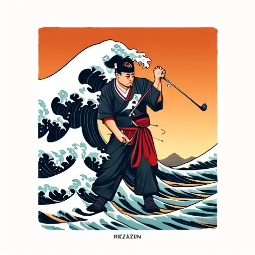 Japanese Yakuza Playing Golf With A Wave In The Background