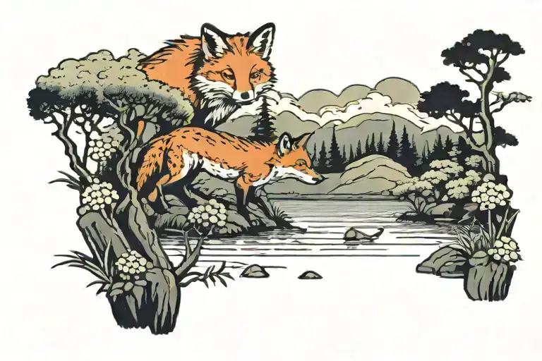Forest Scene Featuring Fox Looking At Lake Scene