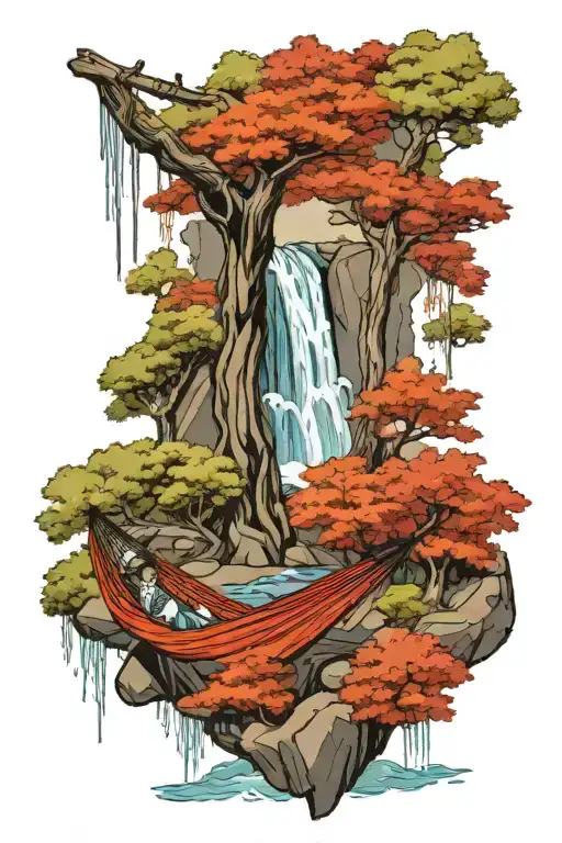 A Hammock In The Woods Beside A Raging River With A Majestic Waterfall