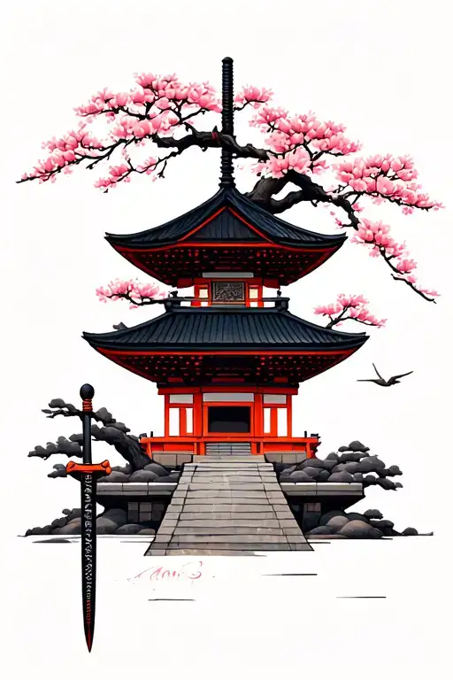 Pagoda Temple With Cherry Blossom Tree And Katana Sword