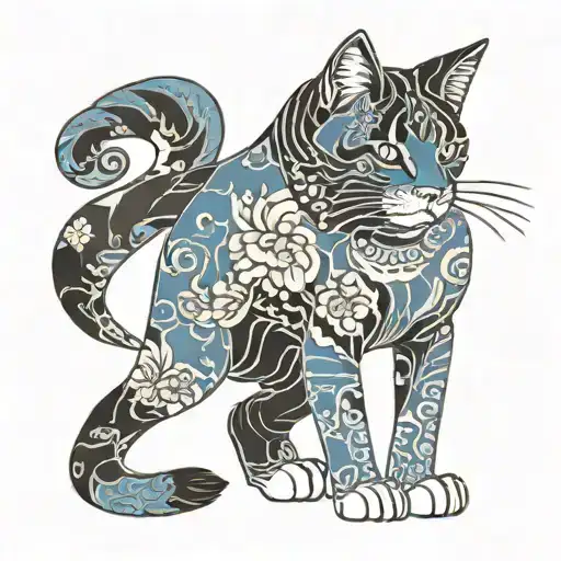 A Japanese-inspired Blueprint With A Playful Cat Motif Integrated Into The Design