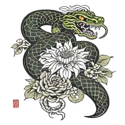 Snake And Chrysanthemum Tattoo For Quadricep