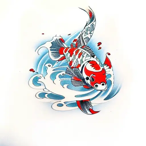Red And Black Koi Fish And Flowers