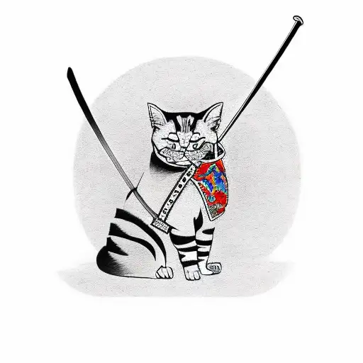 A Sitting Samurai Cat Holding A Sword In His Mouth