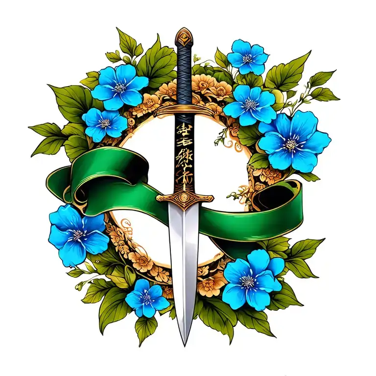 Samuri Sword With Green Ribbon Surrounded By Blue Flowers