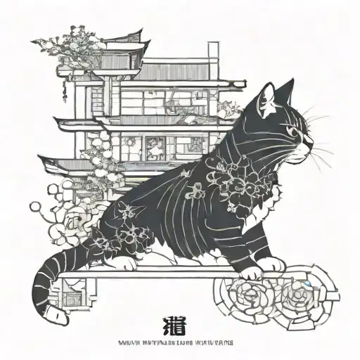 A Japanese-inspired Architectural Blueprint With A Playful Cat Motif Integrated Into The Design