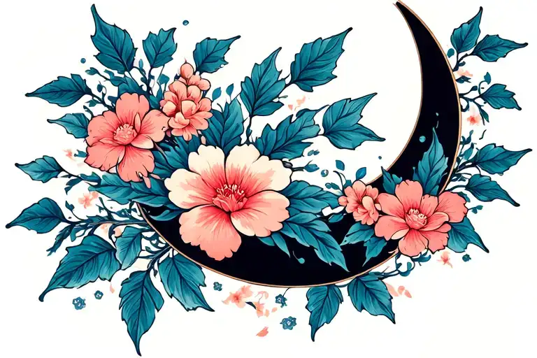 Floral Swirling Leaves And Flowers In Crescent Shape