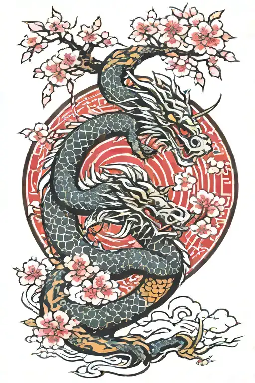 Dragons And Katana Sword Sakura Tree