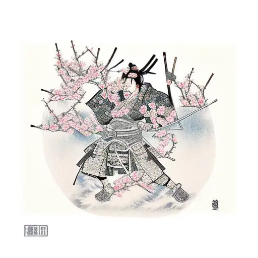 Samurai Standing Side On Underneath A Cherry Blossom