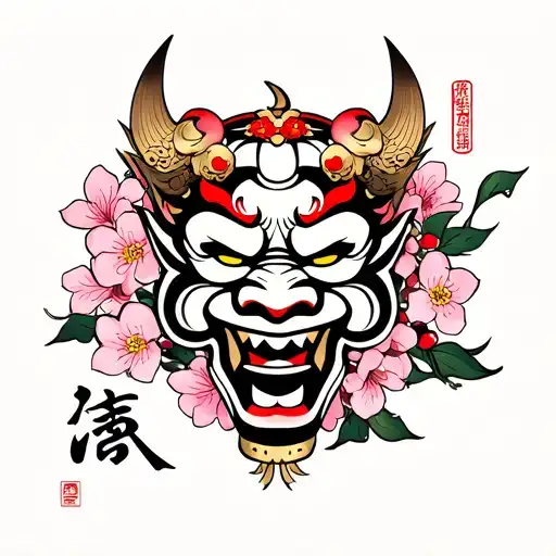 Oni Mask With Japanese Scroll And Kanji And Cherry Blossoms