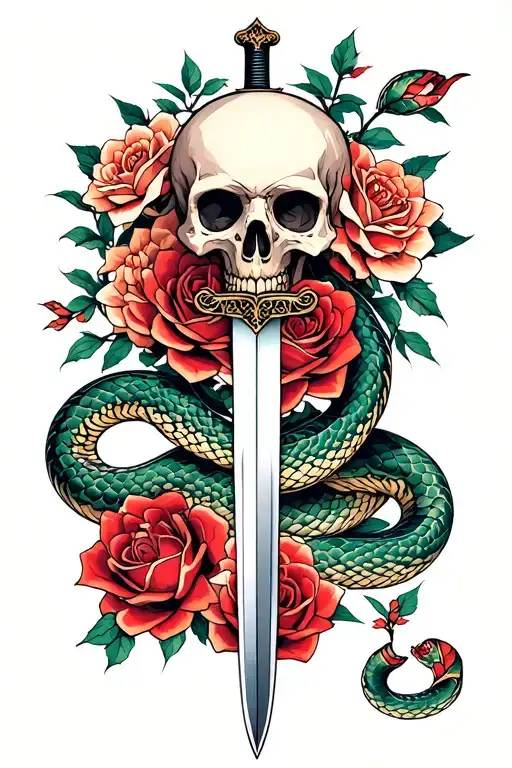Snakes And Skulls With Roses With A Sword Down The Middle