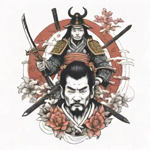 Samurai Con Torre Japonesa Cerezo Y Signos Japones