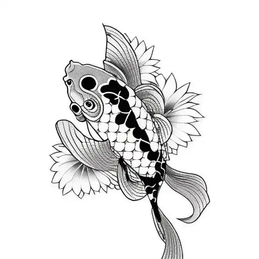 One Red And One Black Koi Fish And Flowers