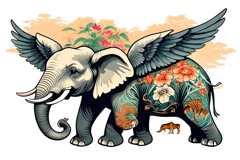 Elephant With Wings With Safari Scene With Animals