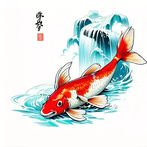 Red Koi Fish And Waterfall