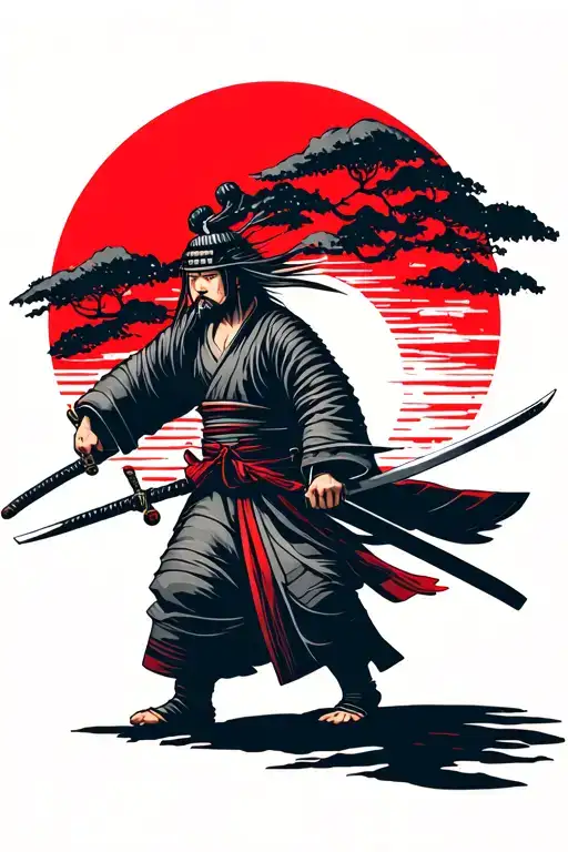 Samurai With Two Sword Walking Forwards With Red Sun Behind