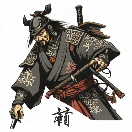 Samurai Con Torre Japonesa Cerezo Y Signos Japones