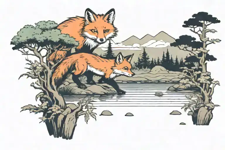 Forest Scene Featuring Fox Looking At Lake Scene