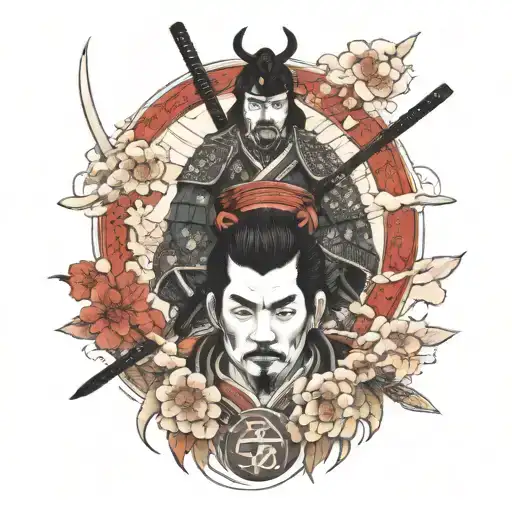 Samurai Con Torre Japonesa Cerezo Y Signos Japones