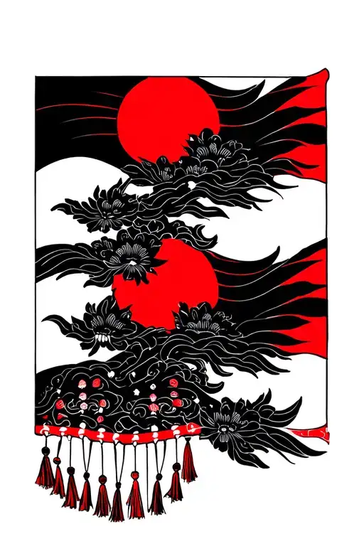 Red And Black Japanese Flag With Tassels At Bottom