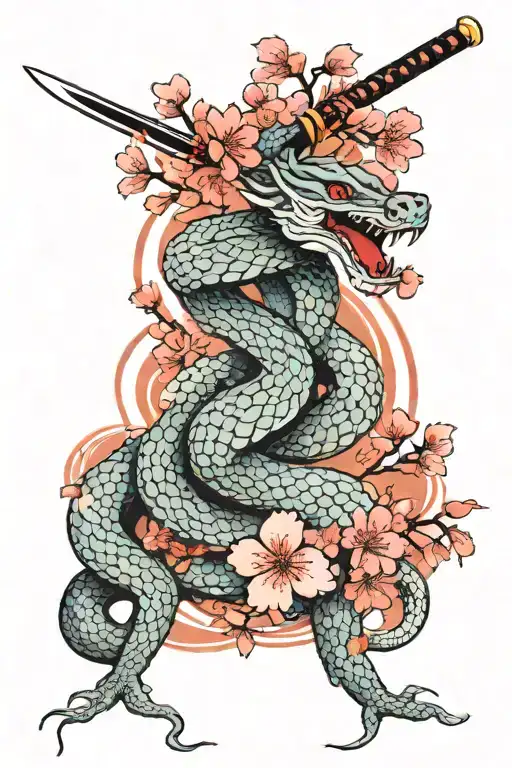 Katana With A Snake Coiled Around It And Cherry Blossom