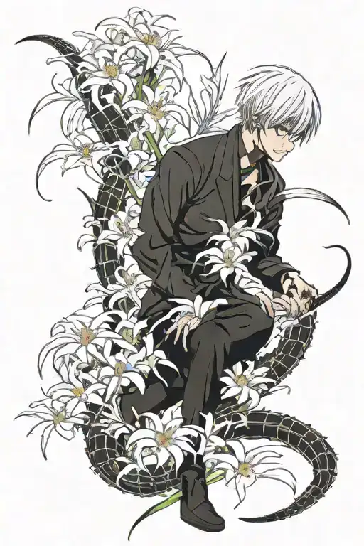 Ken Kaneki In A Field Of Spider Lily Wrapped In A Large Centipede