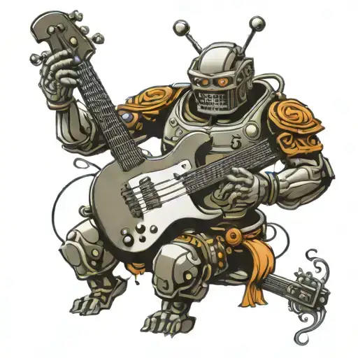 Masculine Robot Playing A Bass Guitar
