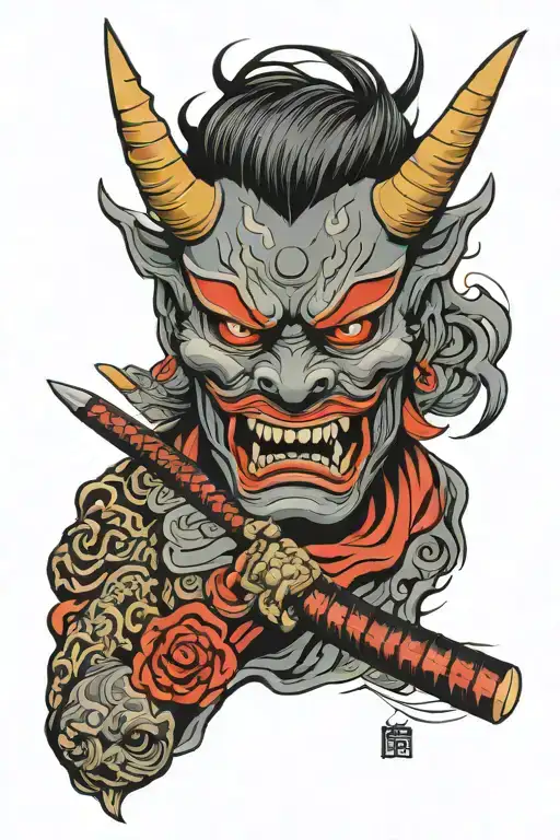 Japanese Oni Mask With The Samurai Sword Going Through It