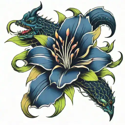 Lily Flowers Innertwined With Dragon