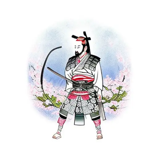 Japanese Samurai Surrounding Cherry Blossom And Old Town Japan