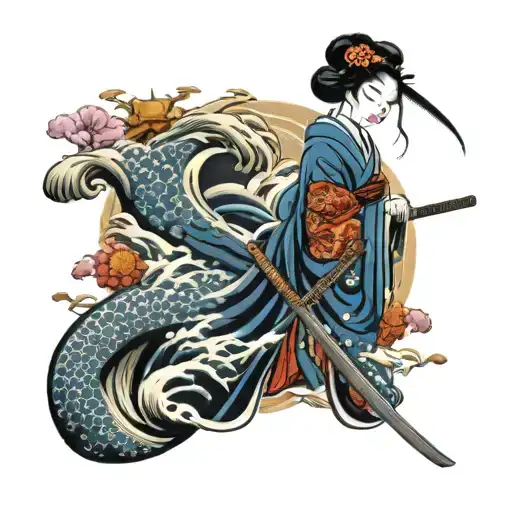 Geisha Holding A Katana With Sea Waves