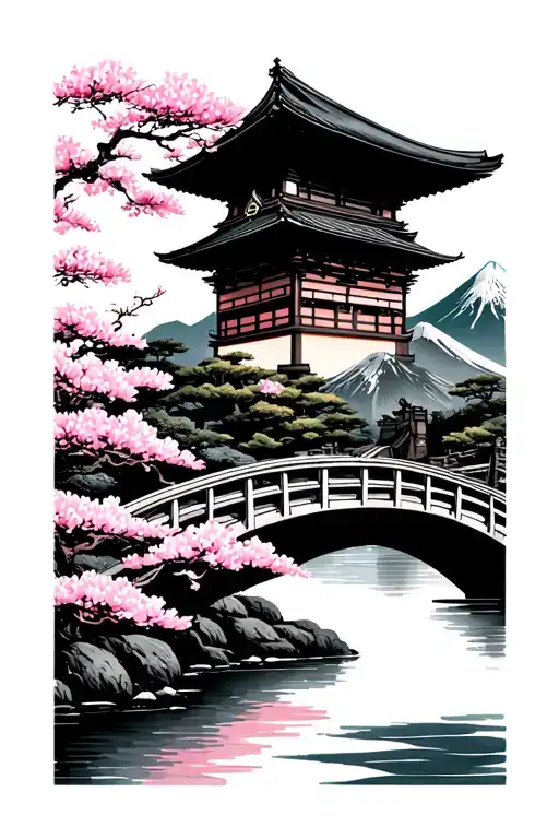 Japanese Samurai Cherry Blossom Tree Mount Fuji Temple Lake Bridge