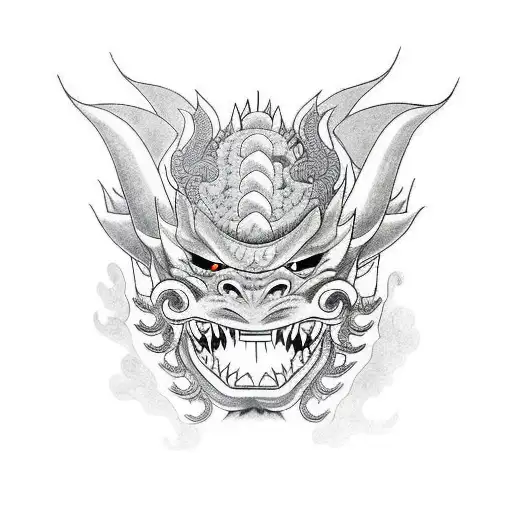 Oni Mask Holding Dragon With Mouth