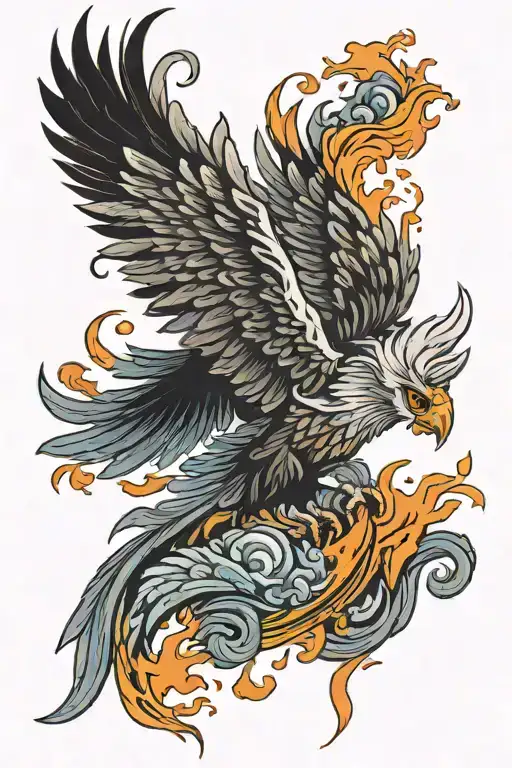 A Side View Of A Phoenix Rising With Traditional Flames Around It