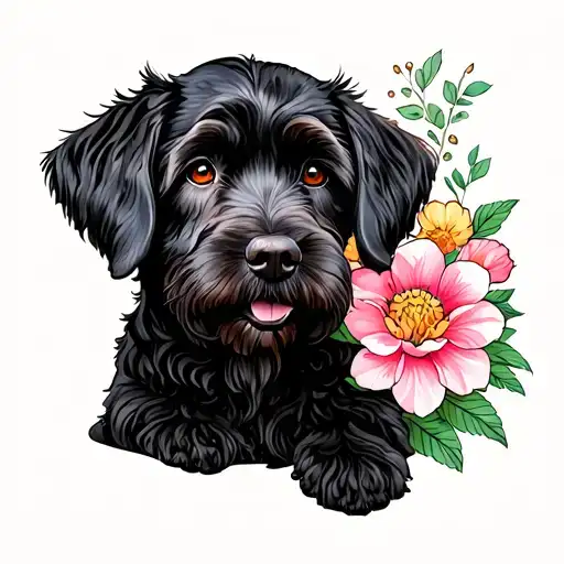 Black Labradoodle With Flowers