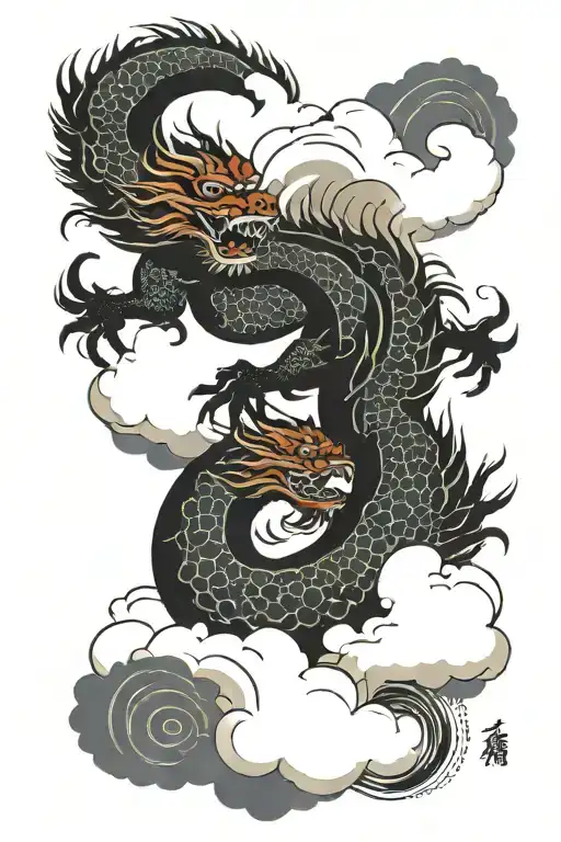 Chinese Dragon Surrounded By Japanese Clouds And Waves