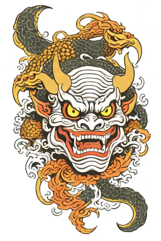 Oni Mask Surrounded By Waves And Dragon
