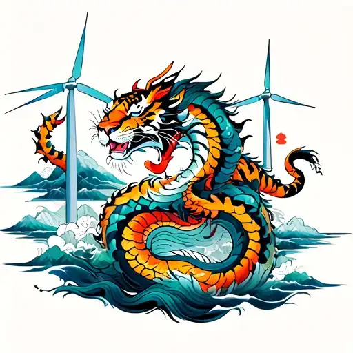 Serpent Dragon And Tiger Surrounded By Wind Turbines