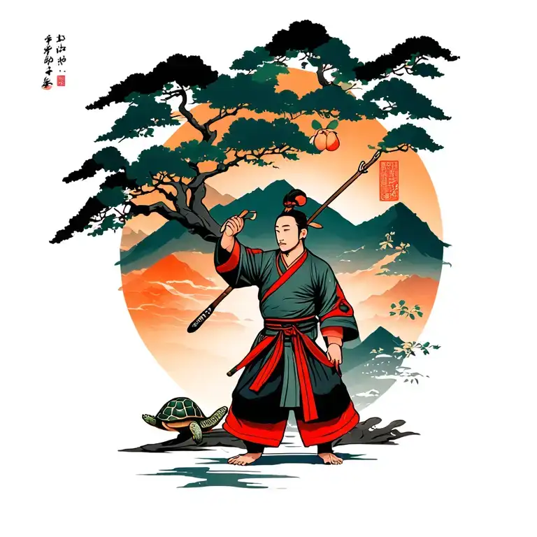 Tortoise Kind Kung Fu Master With Staff At Peach Tree Scene In Mountain Pass