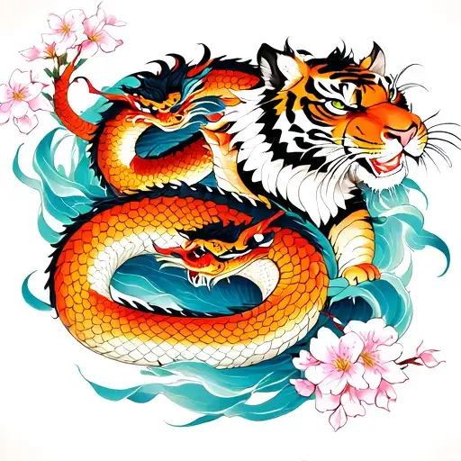 1 Serpent Dragon And 1 Tiger Surrounded By Wind And Cherry Blossoms