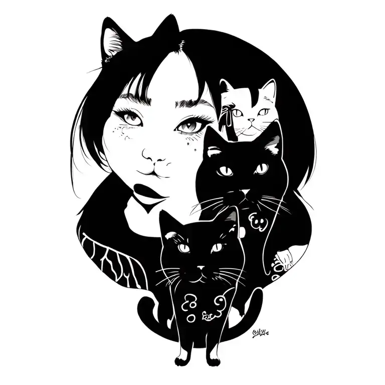 Woman Punk With Gang Of Cats