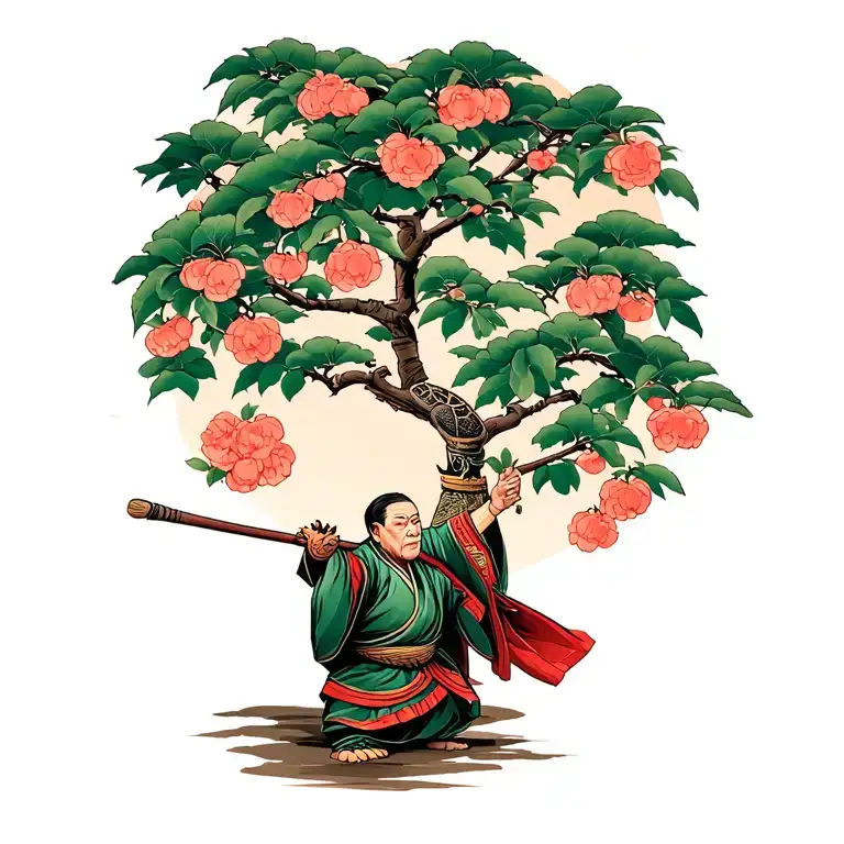 Tortoise Kind Elderly Kung Fu Master With Staff At Peach Tree Scene