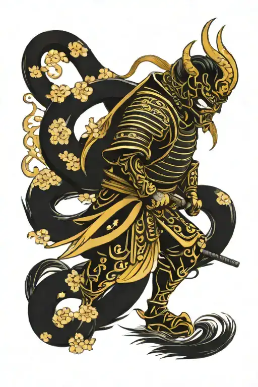 Samurai Standing In Black And Gold Armor With Taurus Symbol On His Armor
