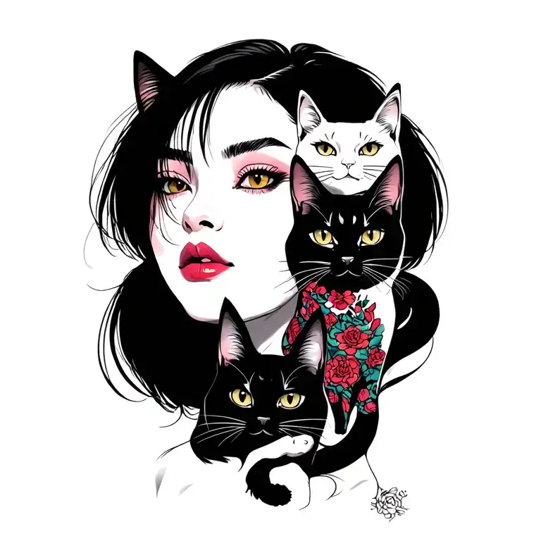 Woman Punk With Gang Of Cats